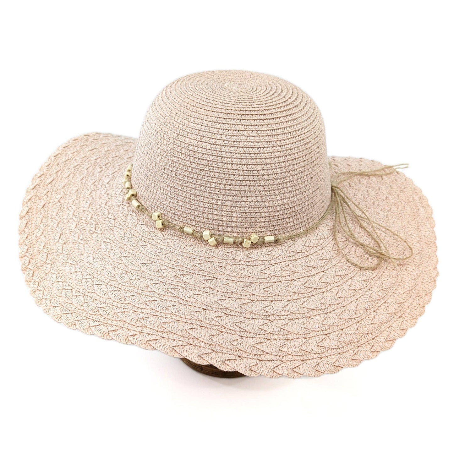Black Ginger - Folding Wide Brim Travel Sun Hat - Pink Beaded Band (57cm)