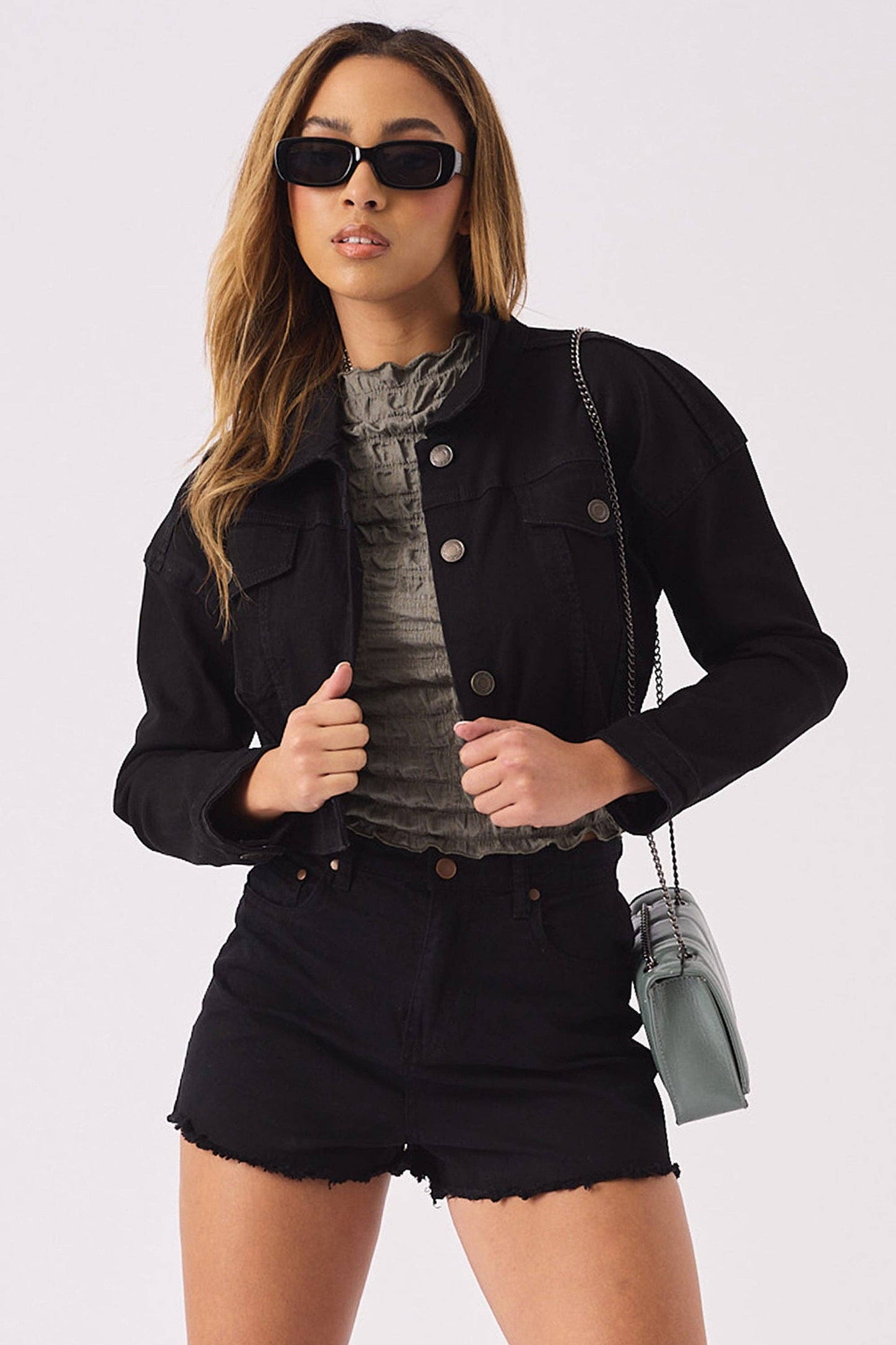 Red Ox Fashion Limited - CROPPED DENIM JACKET - BLACK
