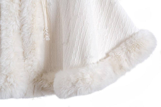 PEACH ACCESSORIES - Faux Fur Trimmed Cape Shrug with Pearly Tassel Tie B025