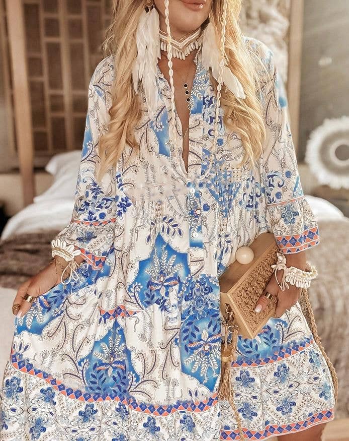 Kurt Muller - Blue and White Boho Print Smock Tunic Dress