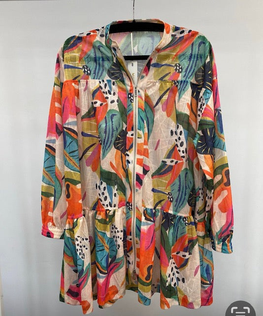 Tiered Printed Jacket Style Top with Two Way Zip