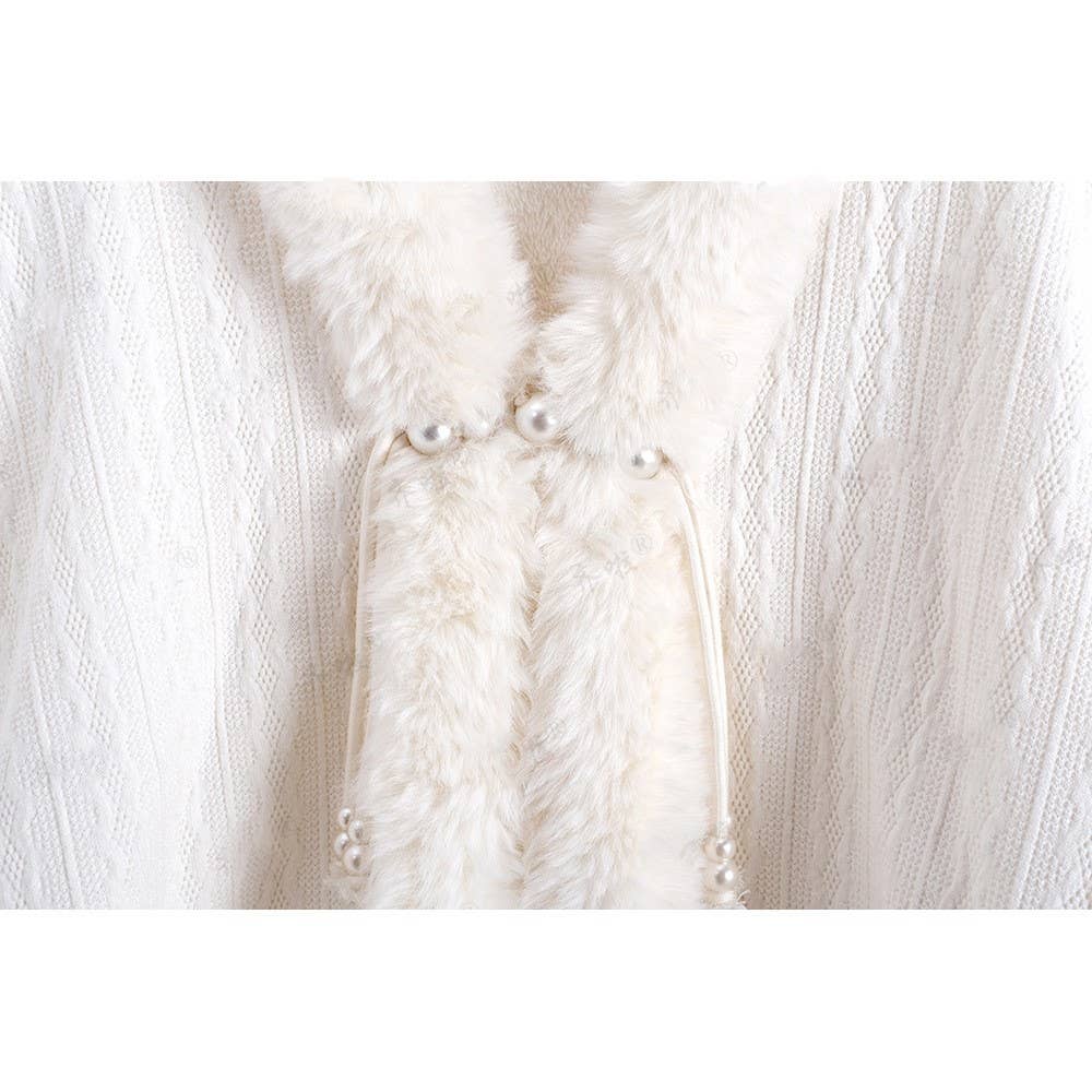 PEACH ACCESSORIES - Faux Fur Trimmed Cape Shrug with Pearly Tassel Tie B025