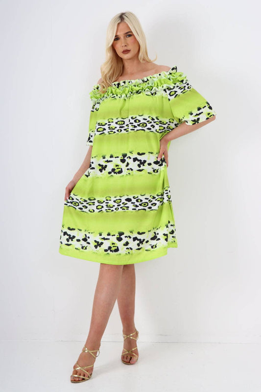 Miss Bold - Italian Off The Shoulder Leopard Printed Short Sleeve Mini Dress