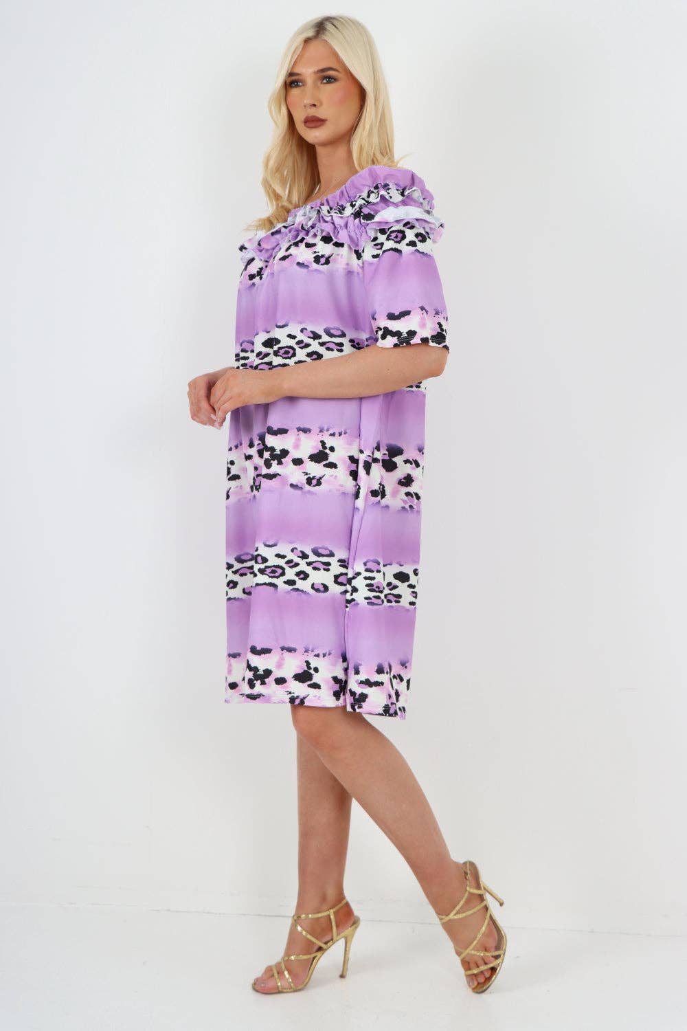 Miss Bold - Italian Off The Shoulder Leopard Printed Short Sleeve Mini Dress