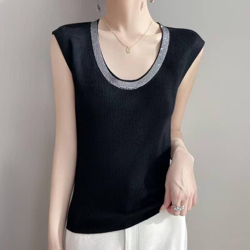 PEACH ACCESSORIES - Embellished Ribbed Knit Sleeveless Top SK173