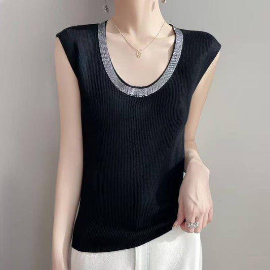 PEACH ACCESSORIES - Embellished Ribbed Knit Sleeveless Top SK173