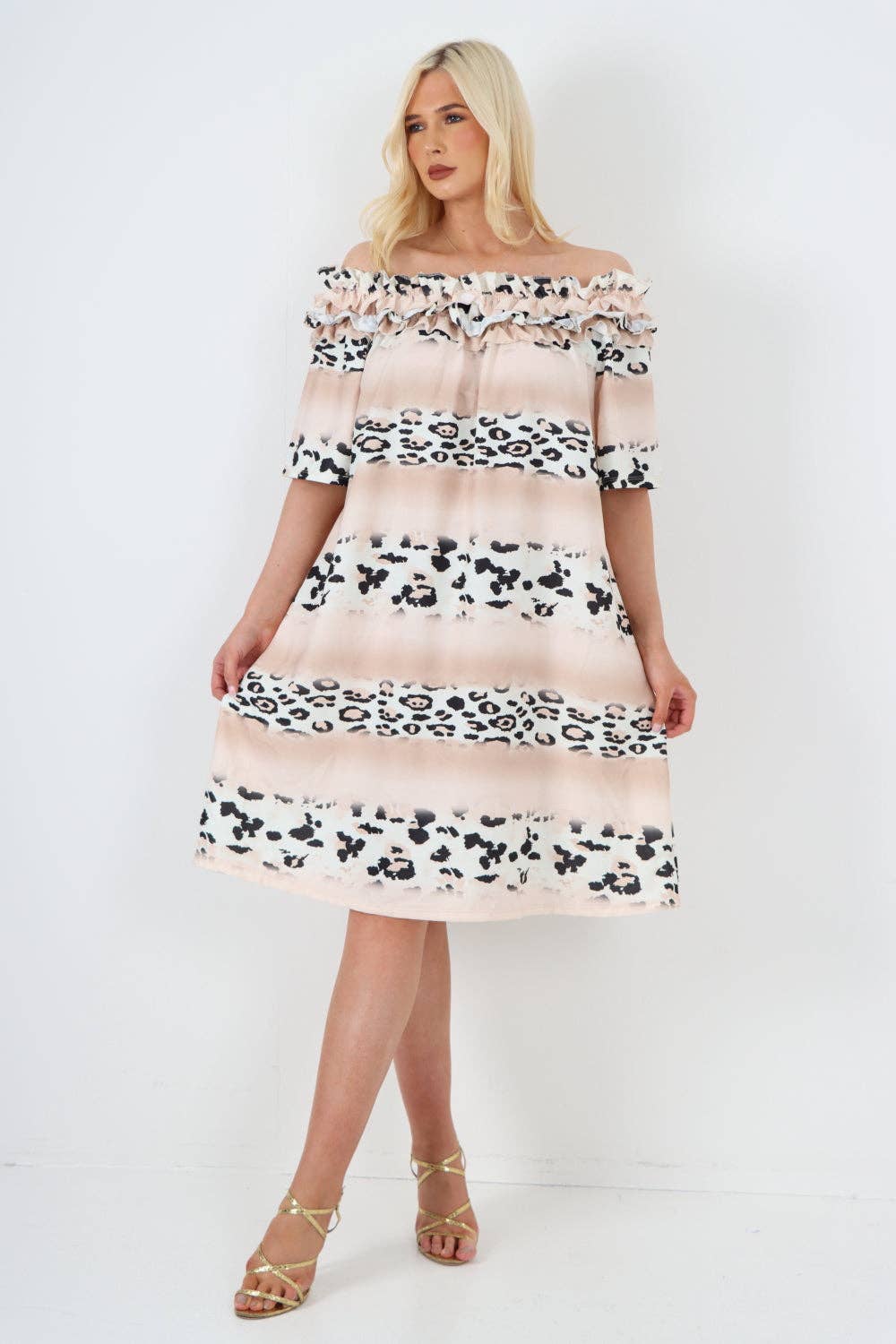 Miss Bold - Italian Off The Shoulder Leopard Printed Short Sleeve Mini Dress