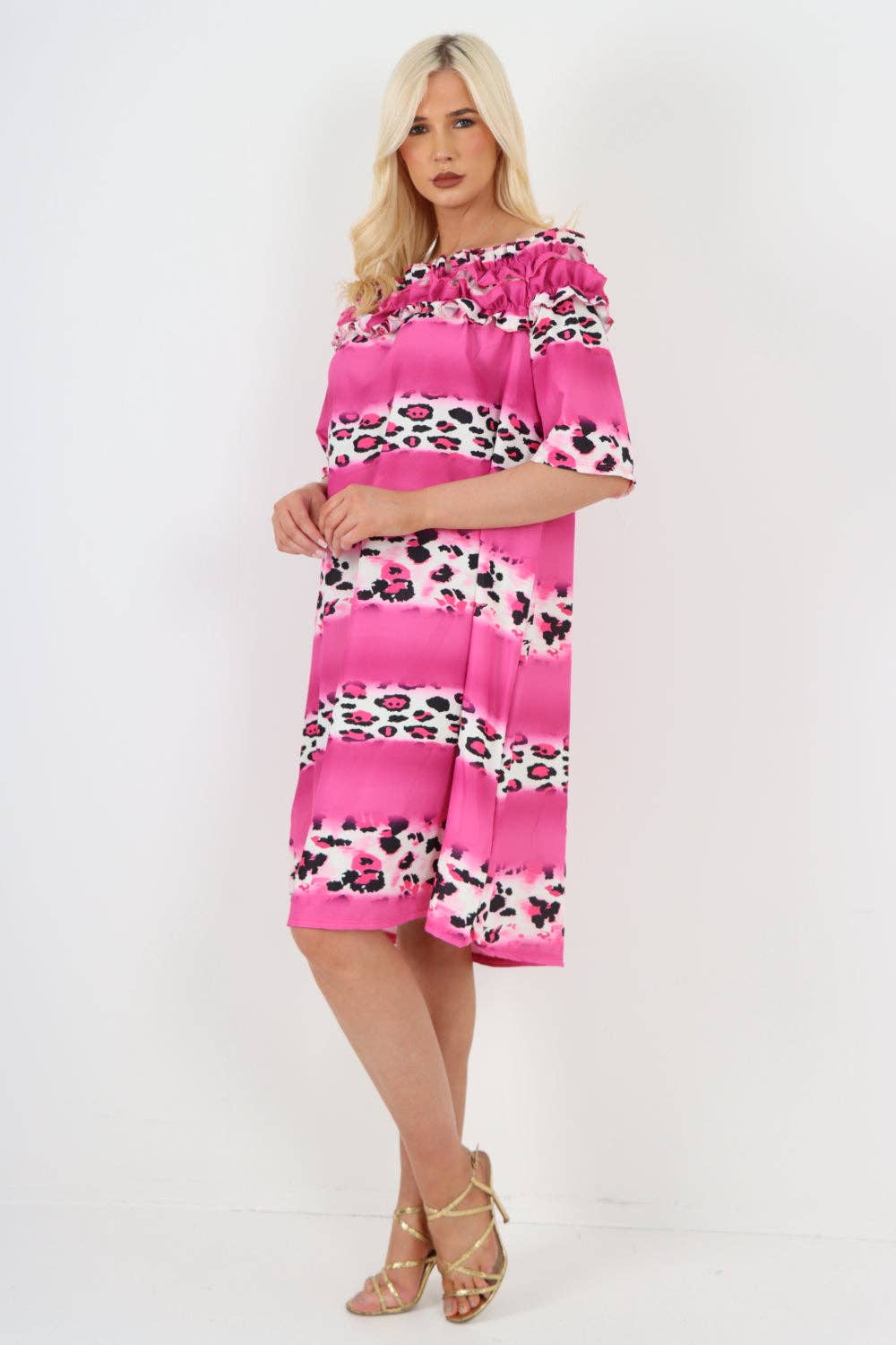Miss Bold - Italian Off The Shoulder Leopard Printed Short Sleeve Mini Dress