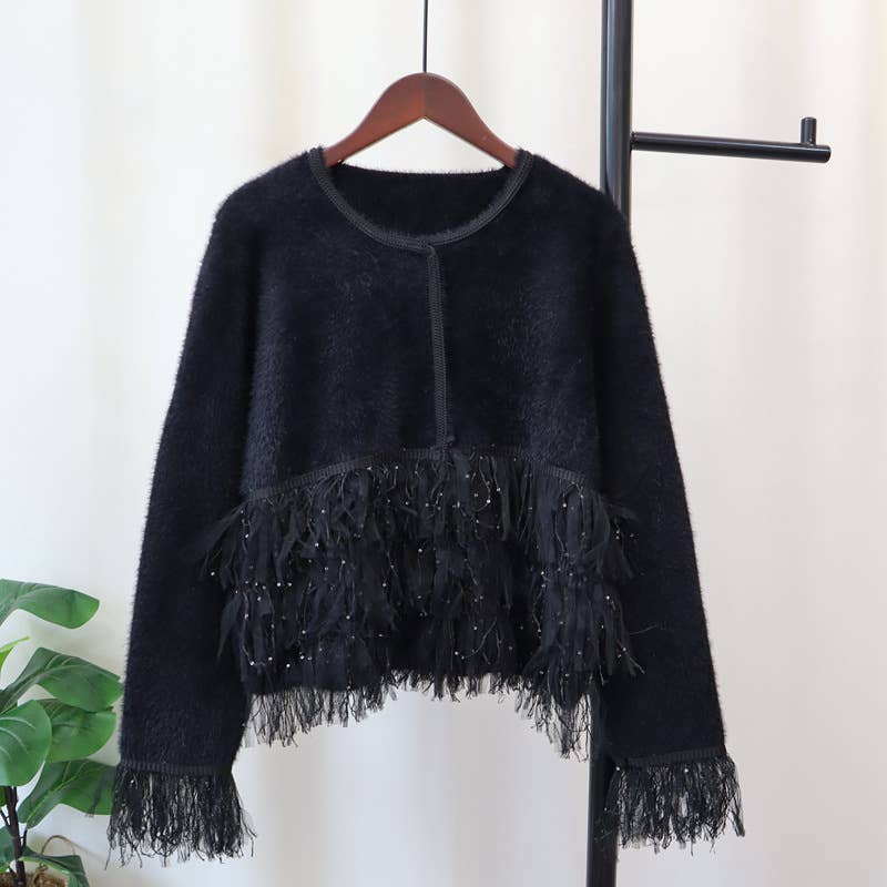 PEACH ACCESSORIES - Cardigan with Fringe Trim and Sequins SK140