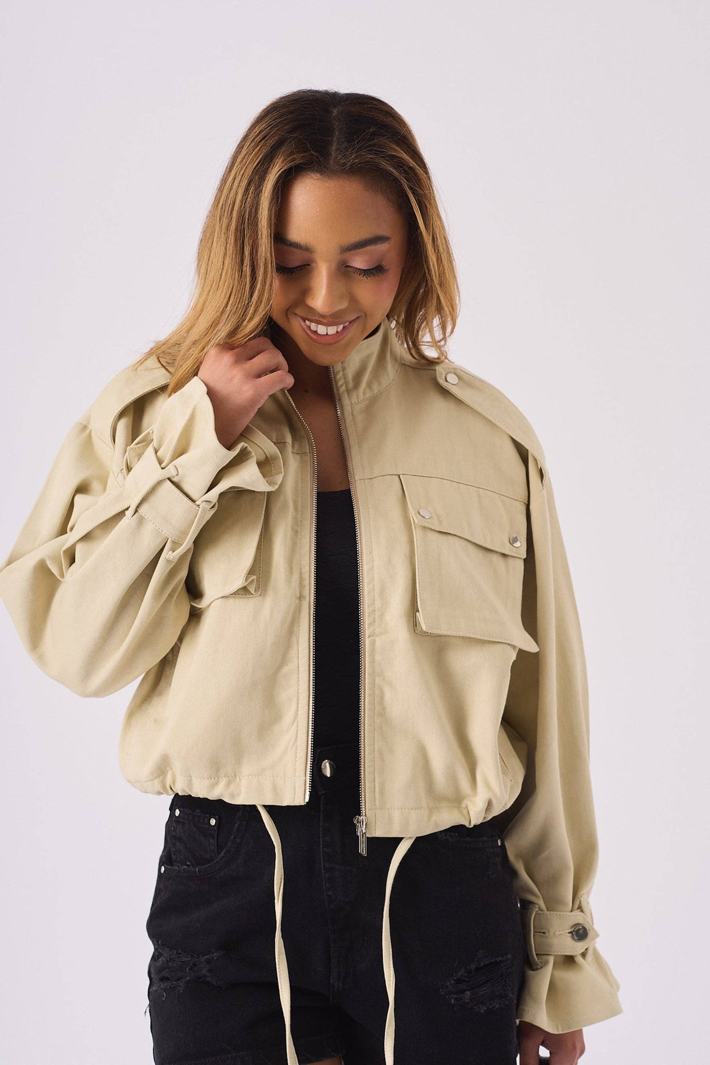 Red Ox Fashion Limited - CROPPED DENIM JACKET - STONE