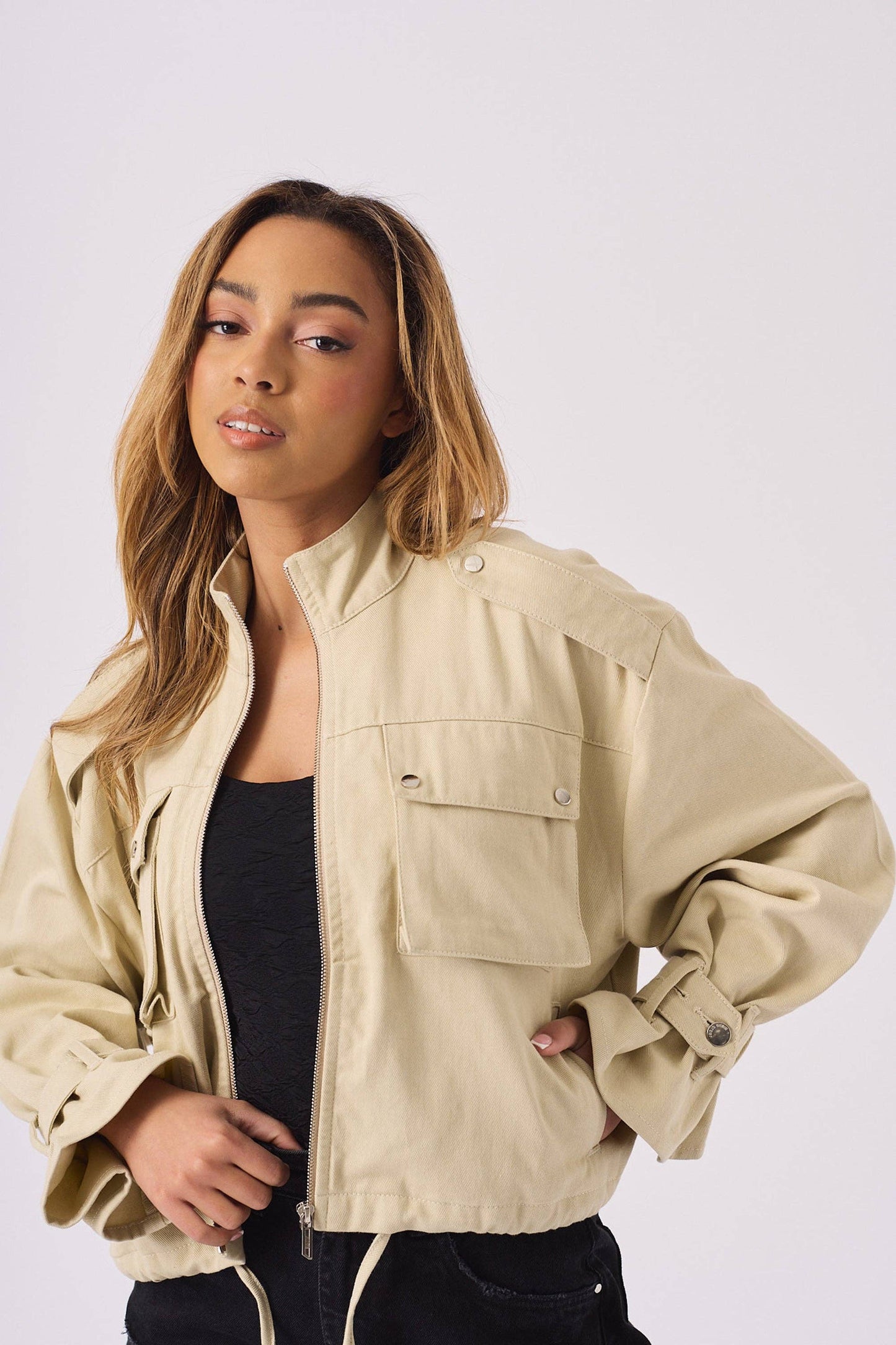 Red Ox Fashion Limited - CROPPED DENIM JACKET - STONE