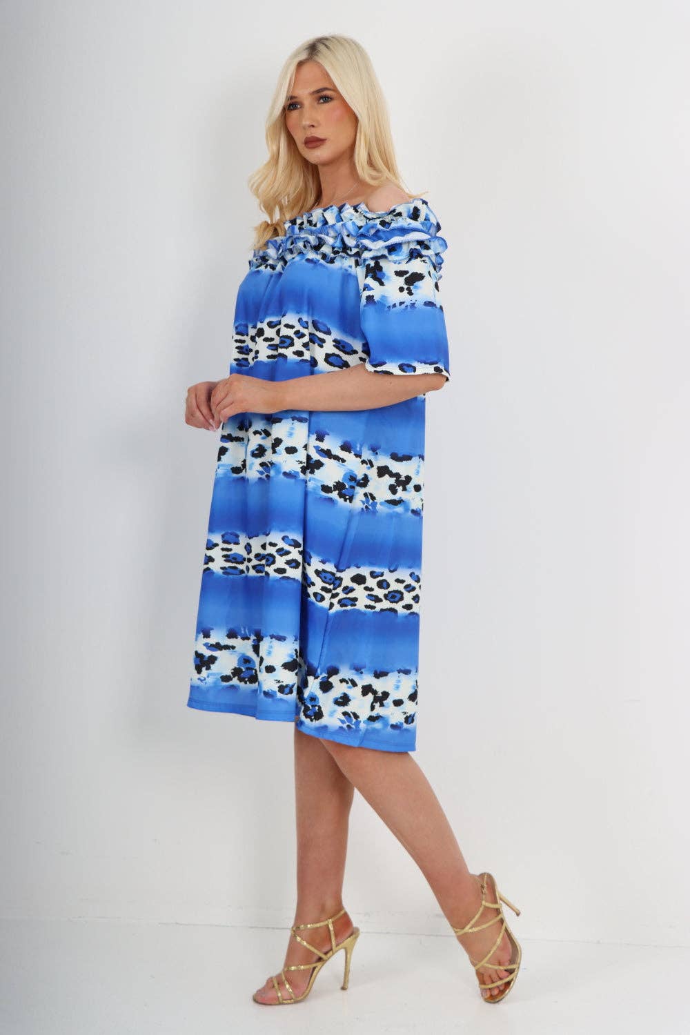 Miss Bold - Italian Off The Shoulder Leopard Printed Short Sleeve Mini Dress