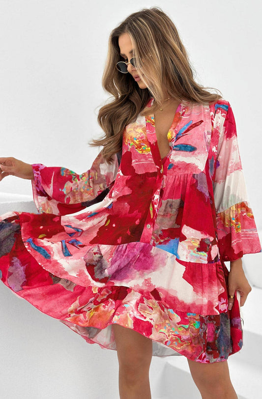 Catwalk Wholesale - Kira Boho Oversized Abstract Tunic Dress-Red