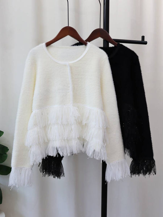 PEACH ACCESSORIES - Cardigan with Fringe Trim and Sequins SK140