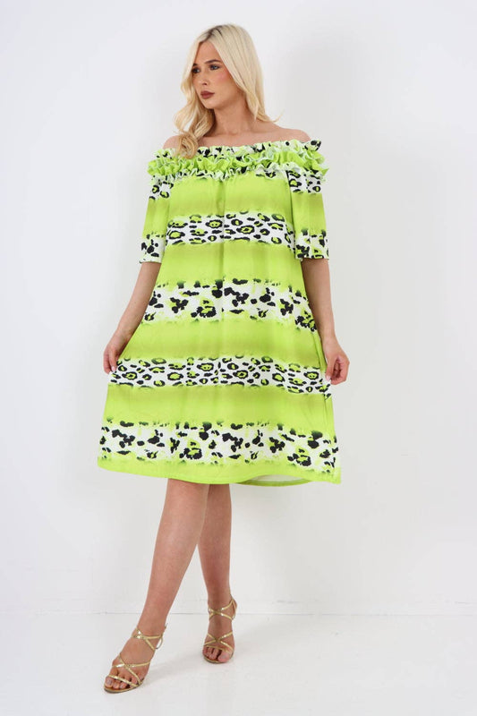 Miss Bold - Italian Off The Shoulder Leopard Printed Short Sleeve Mini Dress