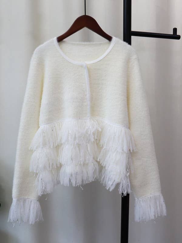 PEACH ACCESSORIES - Cardigan with Fringe Trim and Sequins SK140
