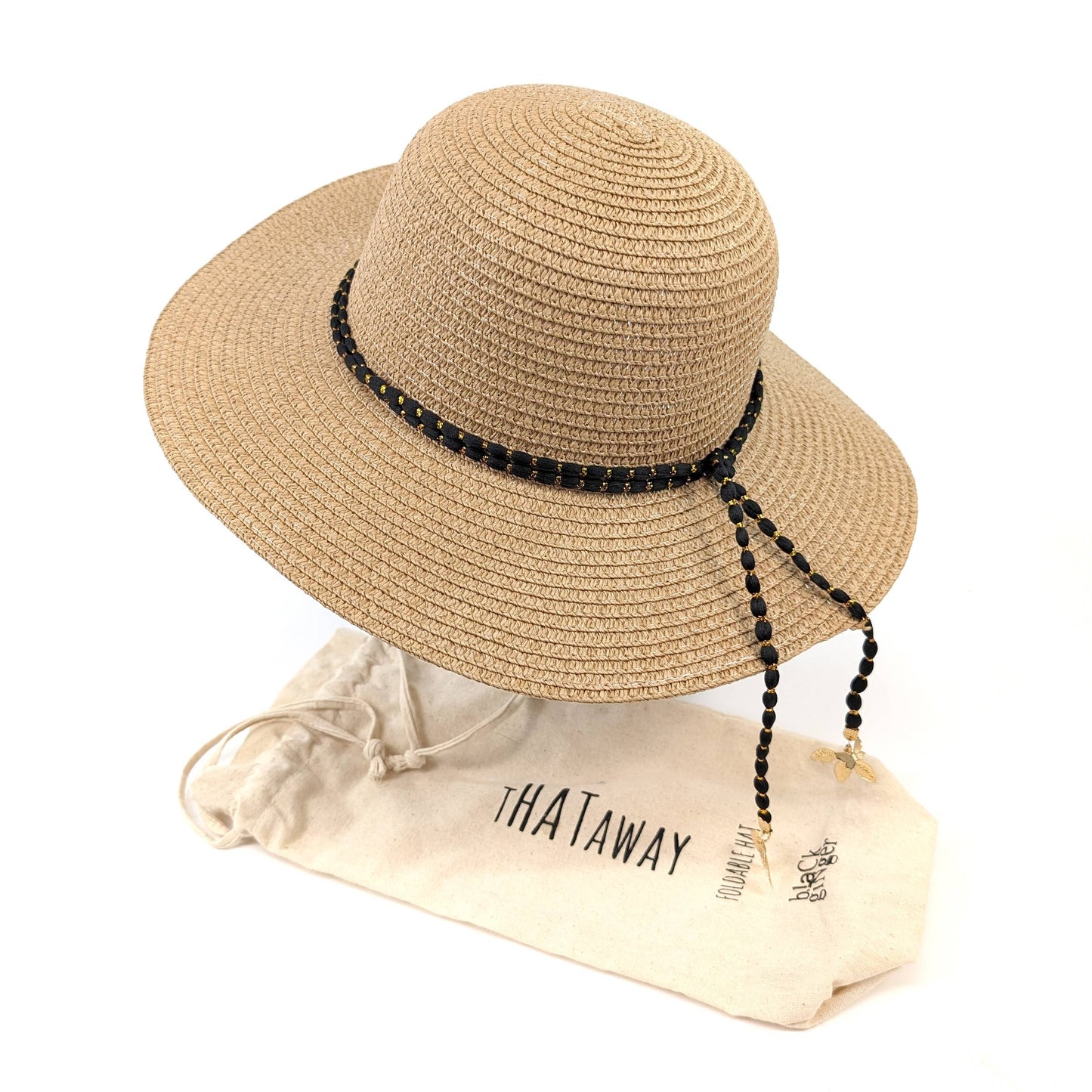 Black Ginger - Gold Leaf Cloche Foldable Hat - Dark Natural (57cm)