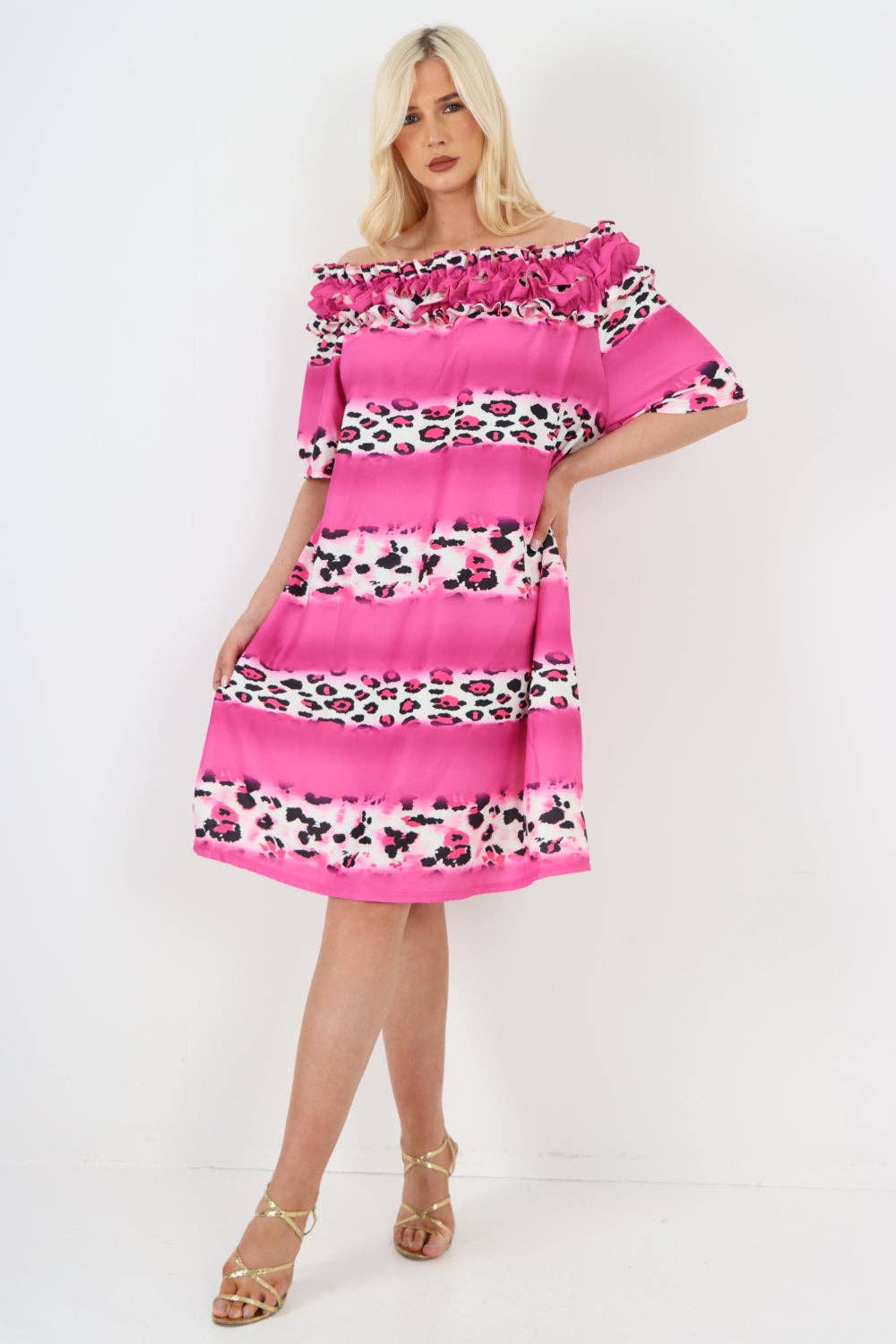 Miss Bold - Italian Off The Shoulder Leopard Printed Short Sleeve Mini Dress