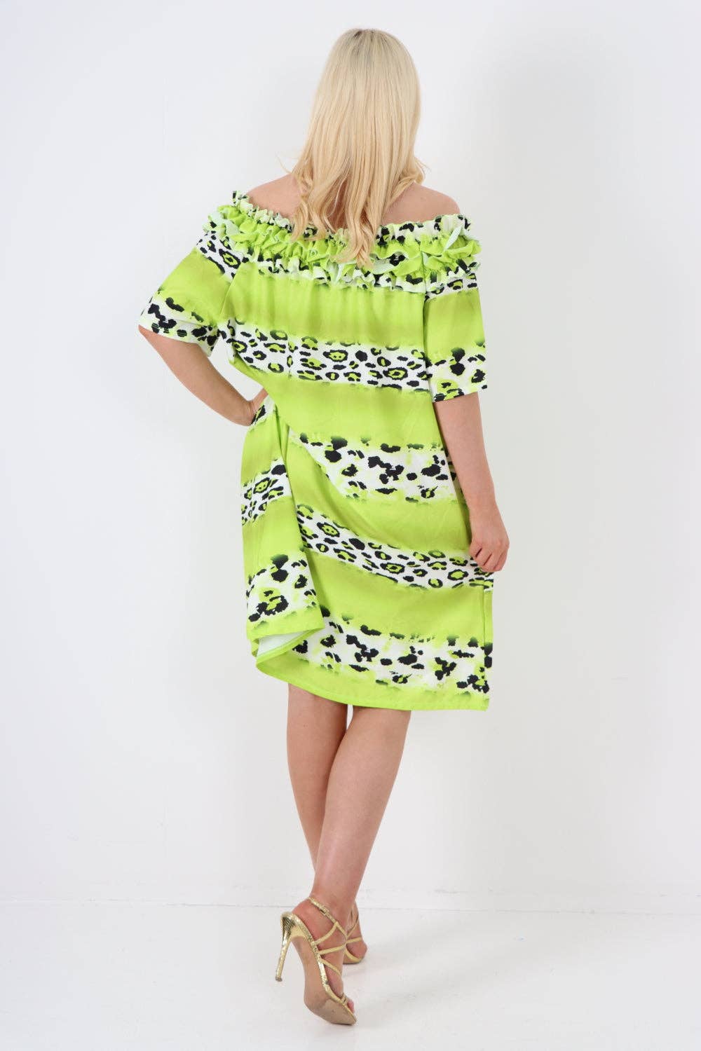 Miss Bold - Italian Off The Shoulder Leopard Printed Short Sleeve Mini Dress