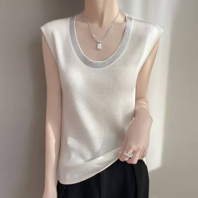 PEACH ACCESSORIES - Embellished Ribbed Knit Sleeveless Top SK173
