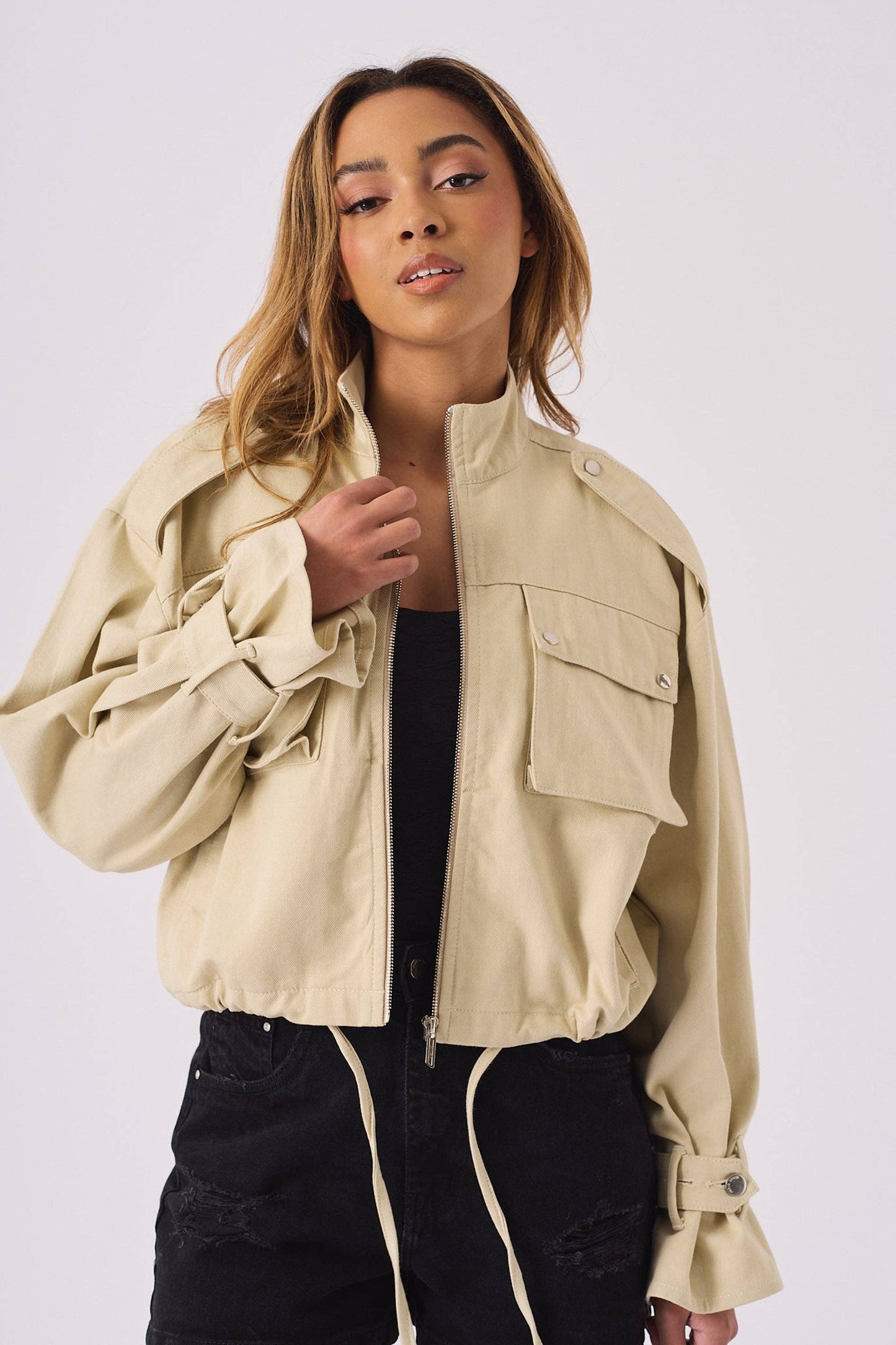 Red Ox Fashion Limited - CROPPED DENIM JACKET - STONE