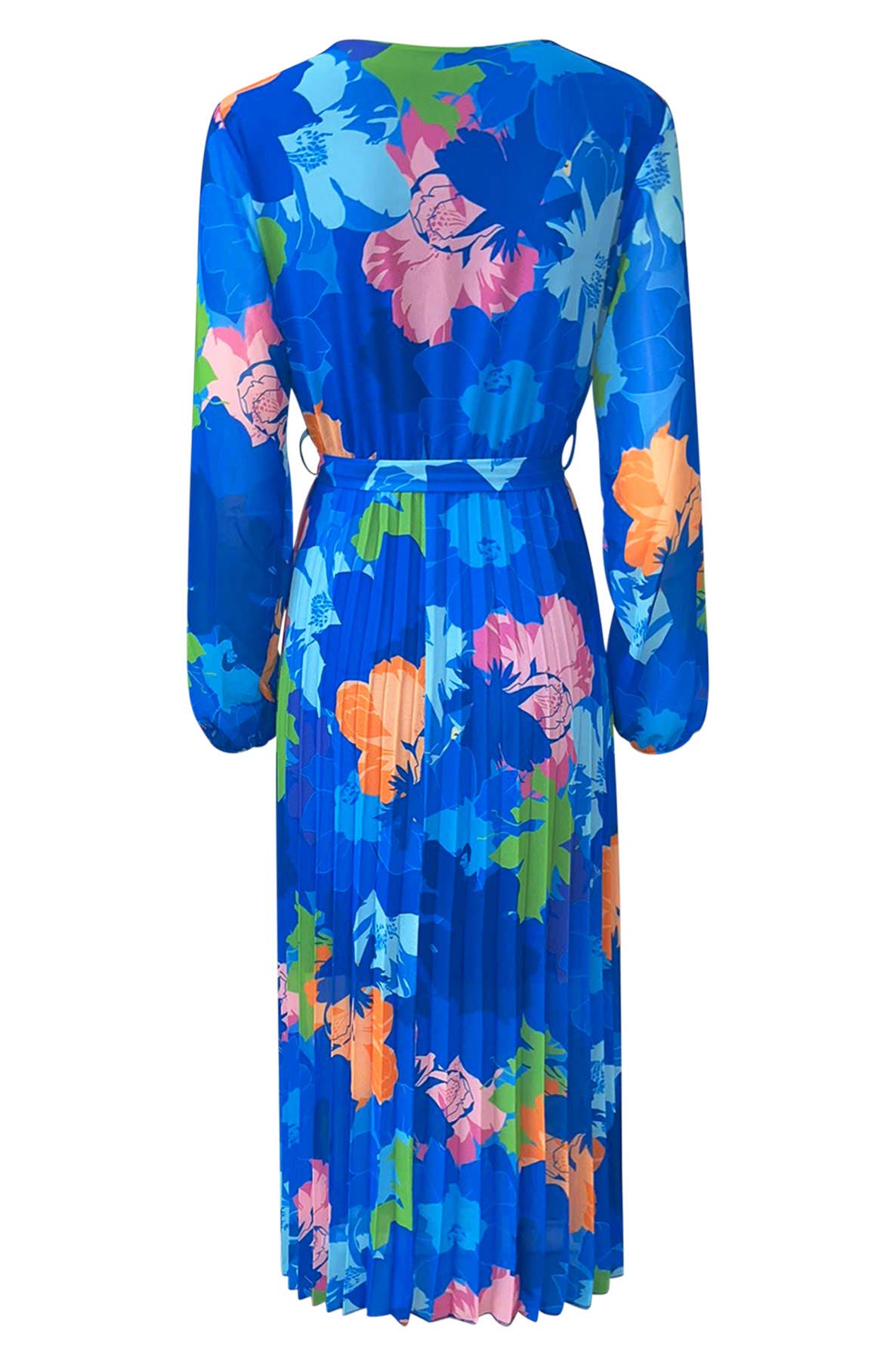 Catwalk Wholesale - Sharon Floral Chiffon Pleated Maxi Dress-Royal Blue