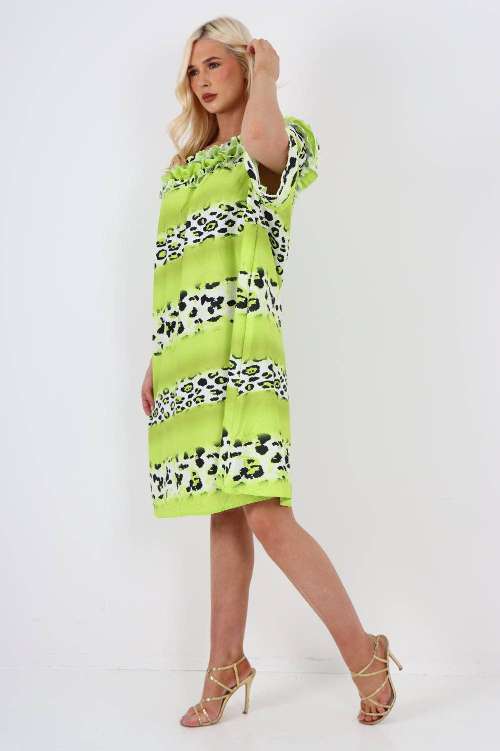 Miss Bold - Italian Off The Shoulder Leopard Printed Short Sleeve Mini Dress
