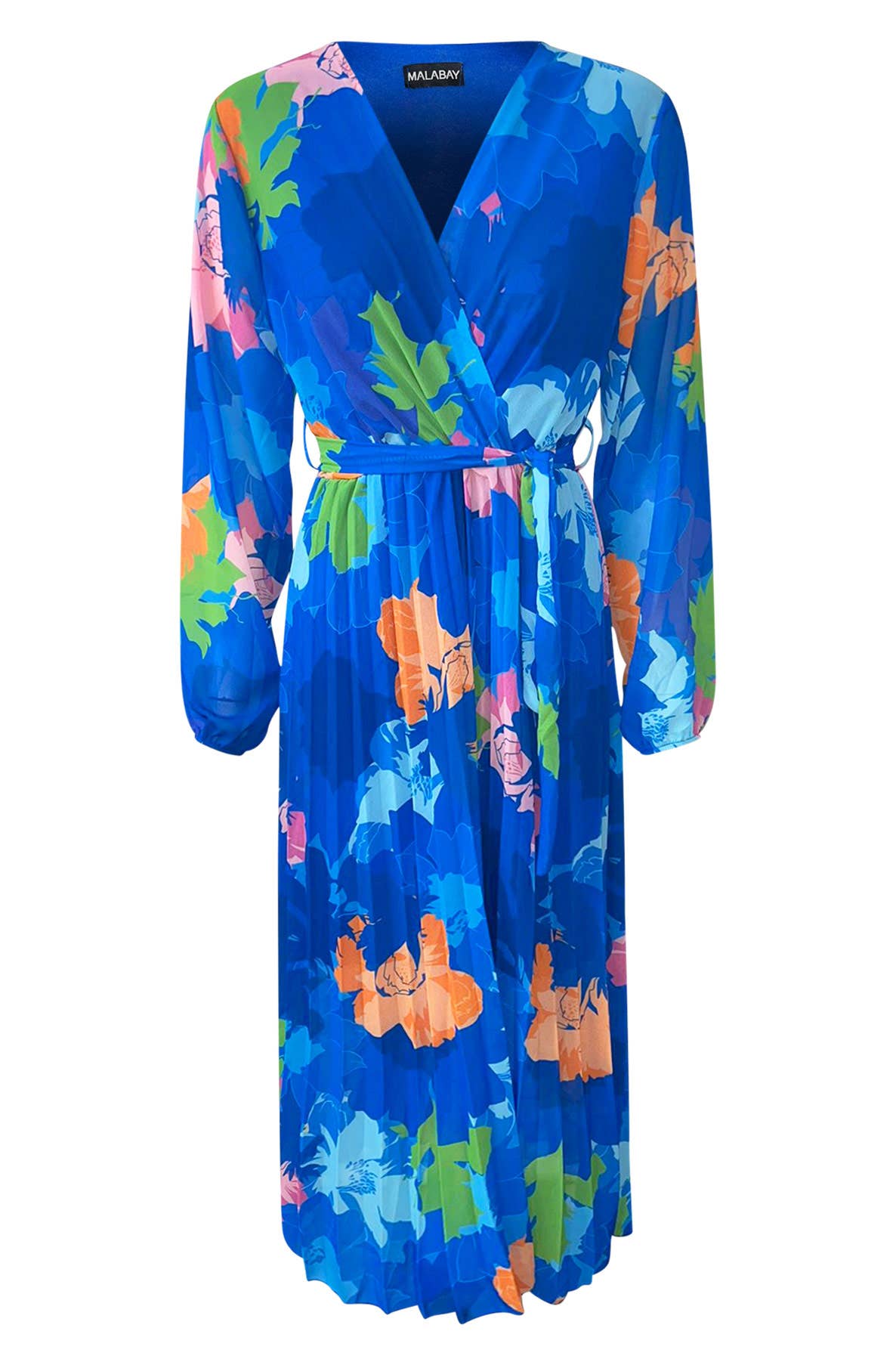 Catwalk Wholesale - Sharon Floral Chiffon Pleated Maxi Dress-Royal Blue