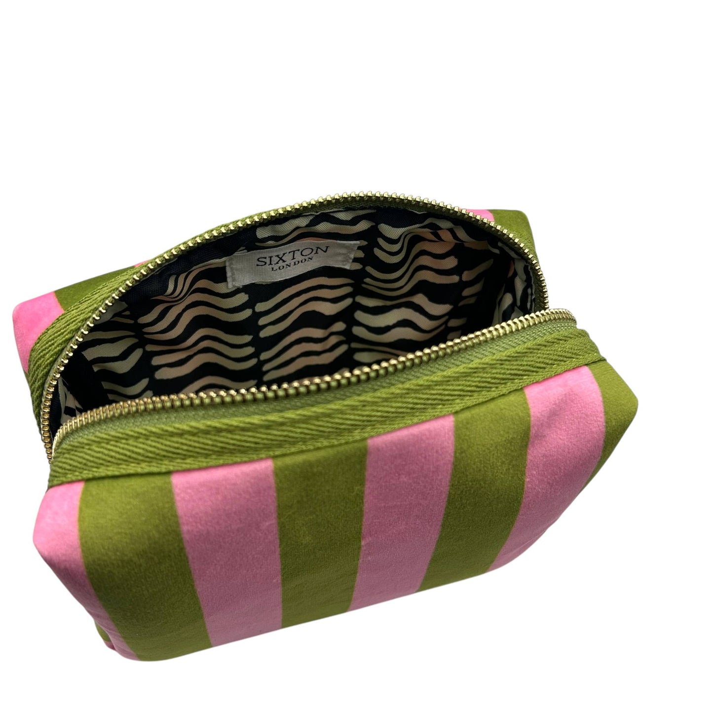 Sixton London -  Chartreuse stripe make-up bag & Palm Tree brooch