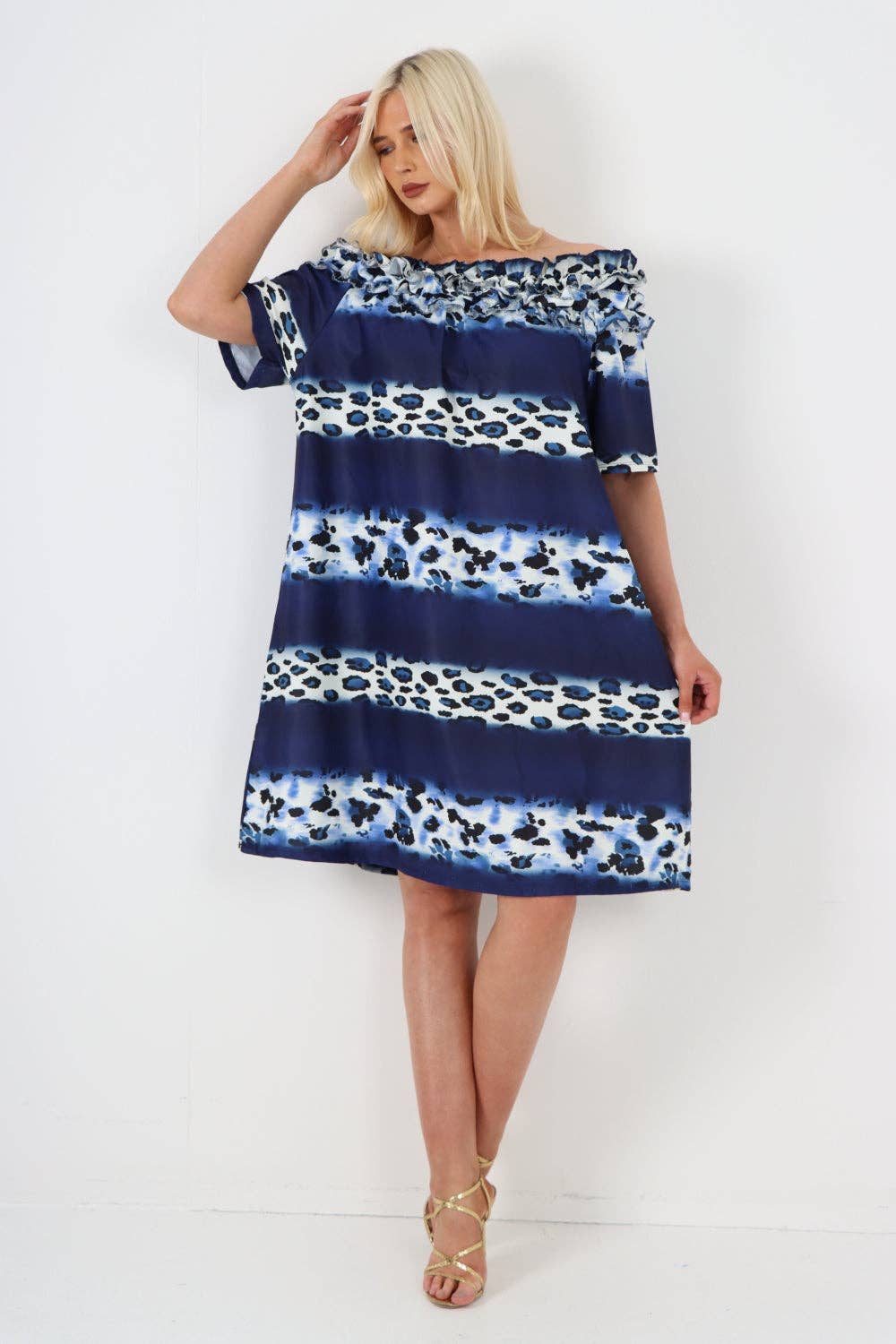 Miss Bold - Italian Off The Shoulder Leopard Printed Short Sleeve Mini Dress