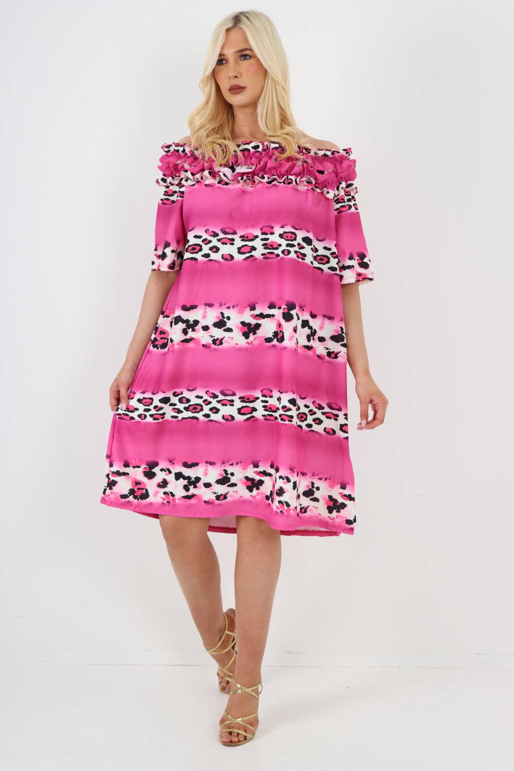 Miss Bold - Italian Off The Shoulder Leopard Printed Short Sleeve Mini Dress