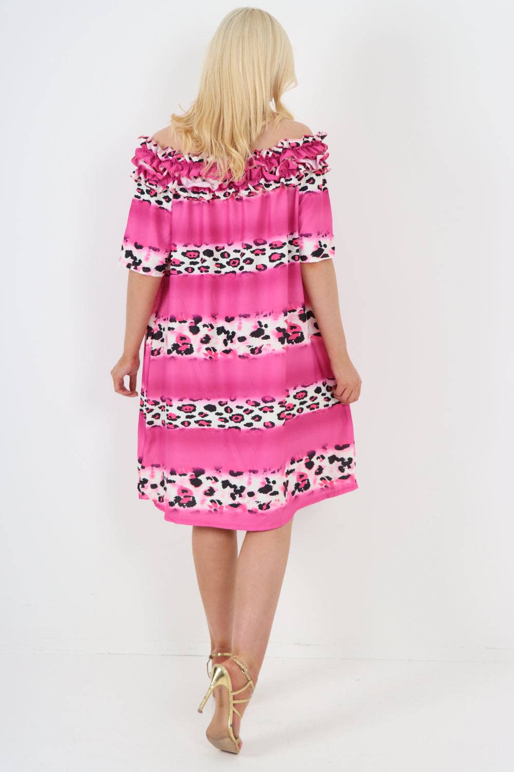 Miss Bold - Italian Off The Shoulder Leopard Printed Short Sleeve Mini Dress