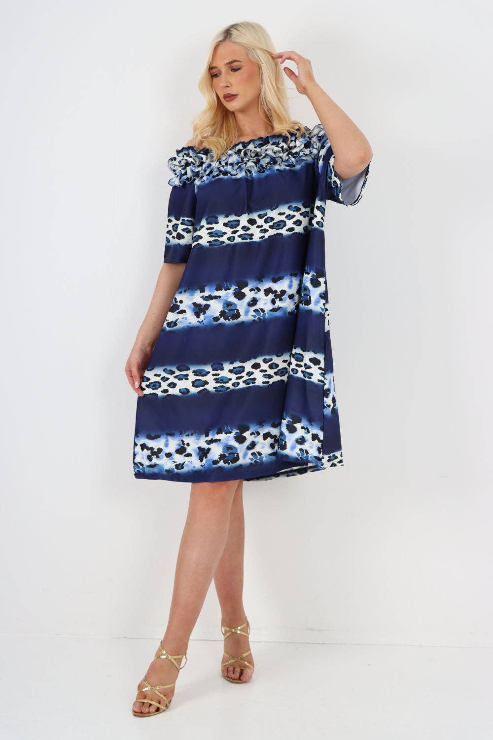 Miss Bold - Italian Off The Shoulder Leopard Printed Short Sleeve Mini Dress