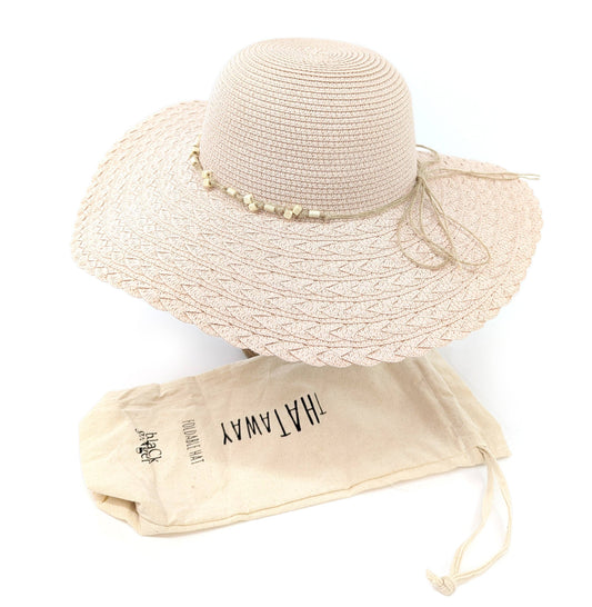 Black Ginger - Folding Wide Brim Travel Sun Hat - Pink Beaded Band (57cm)