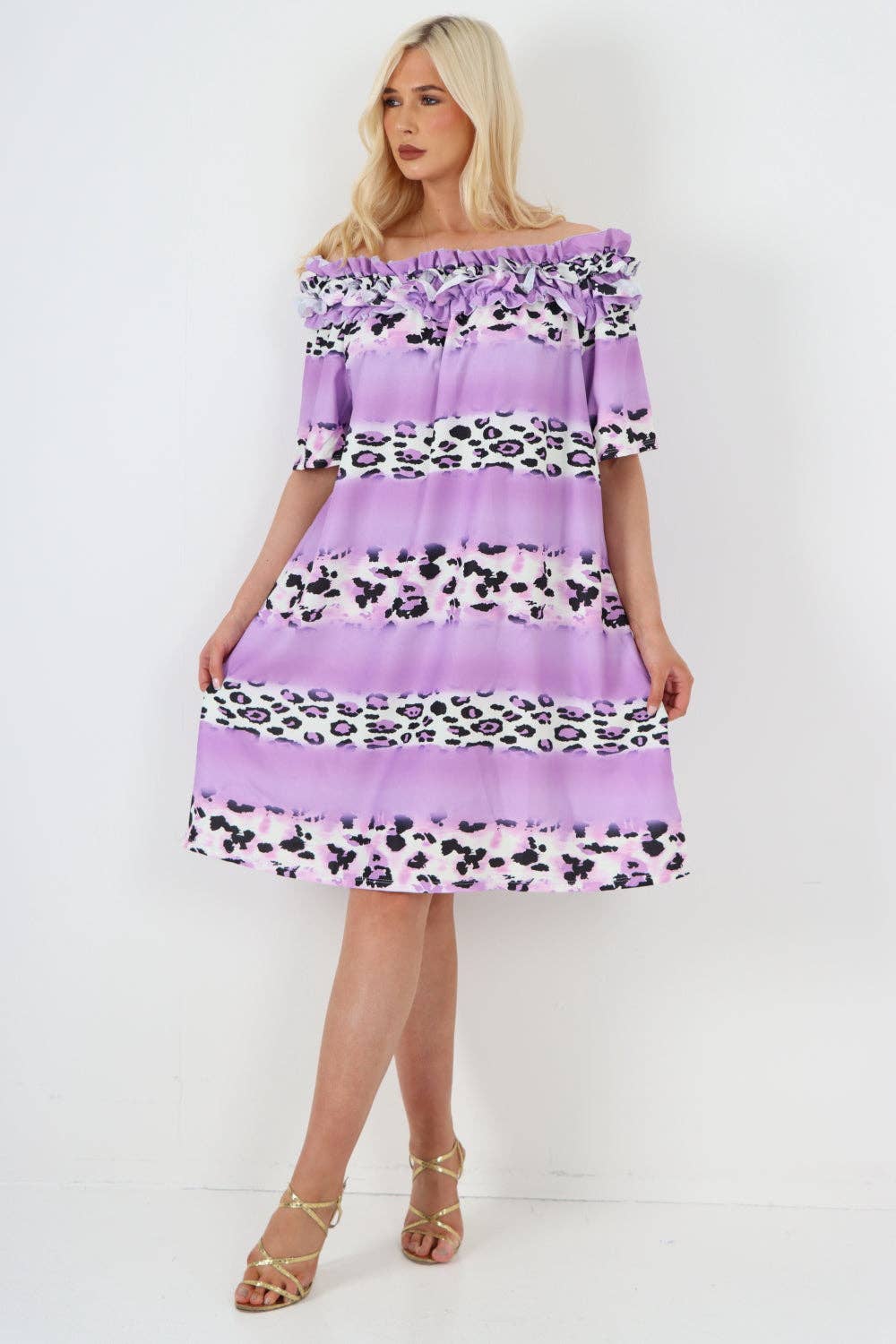 Miss Bold - Italian Off The Shoulder Leopard Printed Short Sleeve Mini Dress