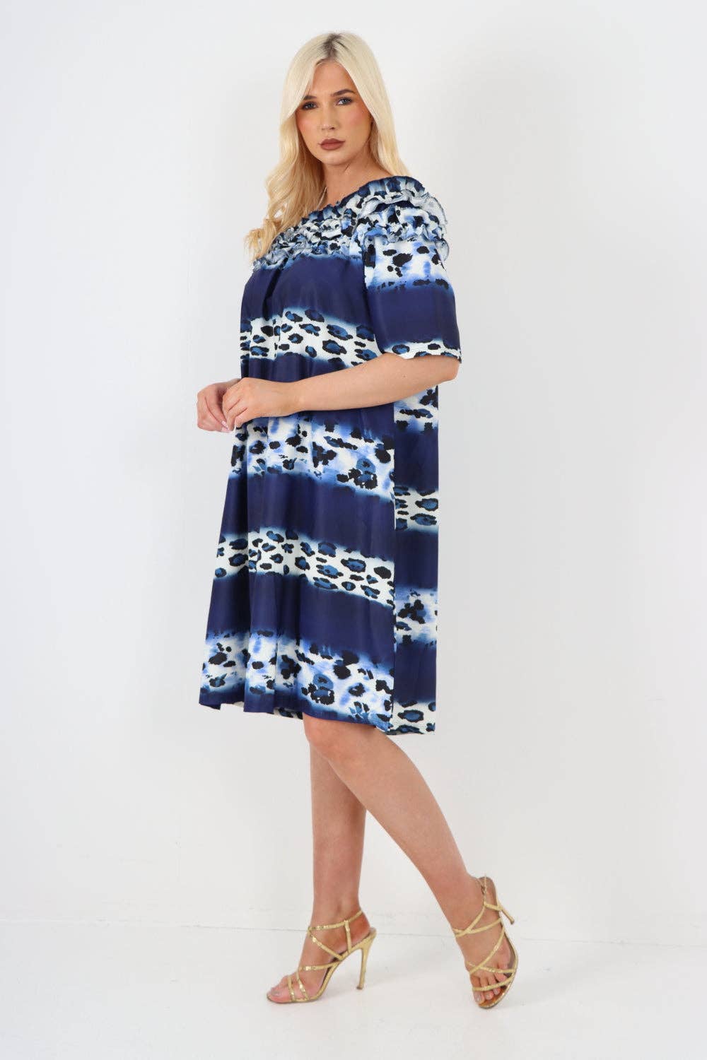 Miss Bold - Italian Off The Shoulder Leopard Printed Short Sleeve Mini Dress