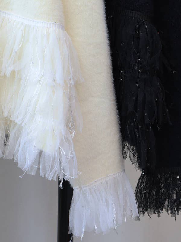 PEACH ACCESSORIES - Cardigan with Fringe Trim and Sequins SK140