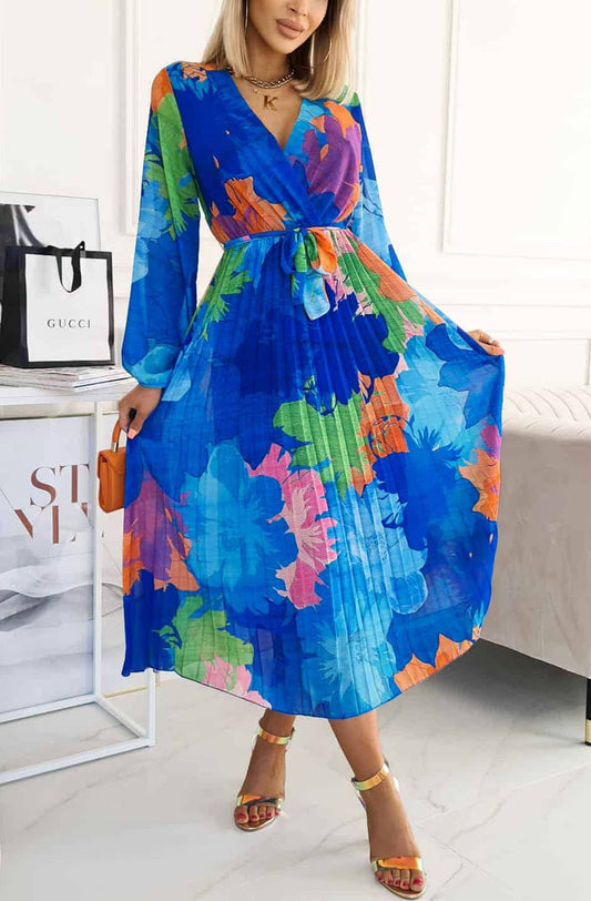 Catwalk Wholesale - Sharon Floral Chiffon Pleated Maxi Dress-Royal Blue
