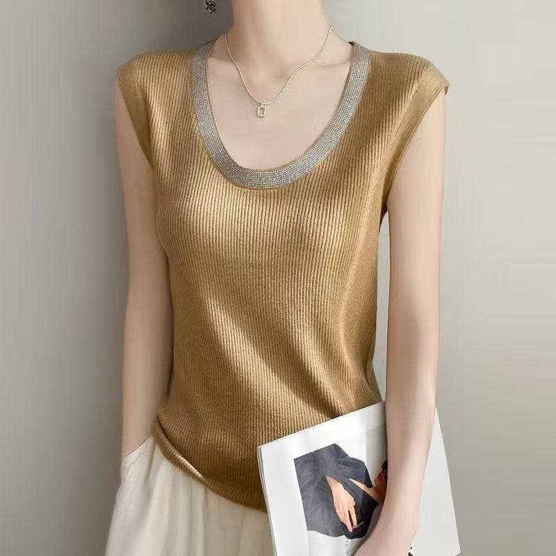 PEACH ACCESSORIES - Embellished Ribbed Knit Sleeveless Top SK173