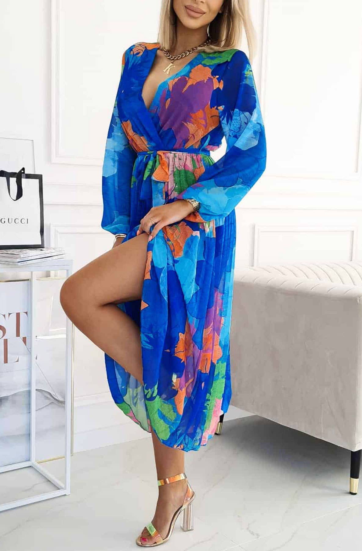 Catwalk Wholesale - Sharon Floral Chiffon Pleated Maxi Dress-Royal Blue