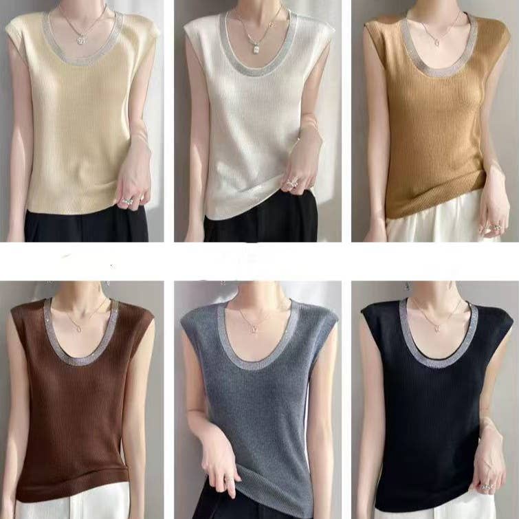 PEACH ACCESSORIES - Embellished Ribbed Knit Sleeveless Top SK173